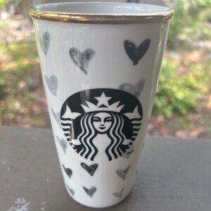 STARBUCKS BLACK HEARTS TRAVEL CERAMIC TUMBLER 12 Oz MUG CUP gold rim 2014
